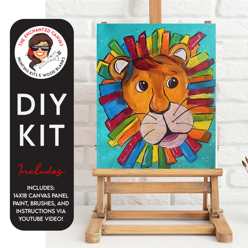 This fabulous lion is sporting a multicolored green, blue, red, yellow and orange mane set against a turquoise blue background. Lion has a curious and fun look on his face.