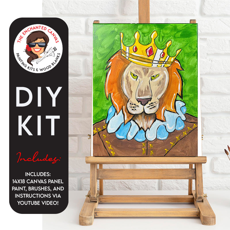Regal lion with orange mane and serious looking face is wearing atan uniform with poofy white and blue neck. A green bruishstroke background. King Lion has a large yellow crown with red jewels on his head.