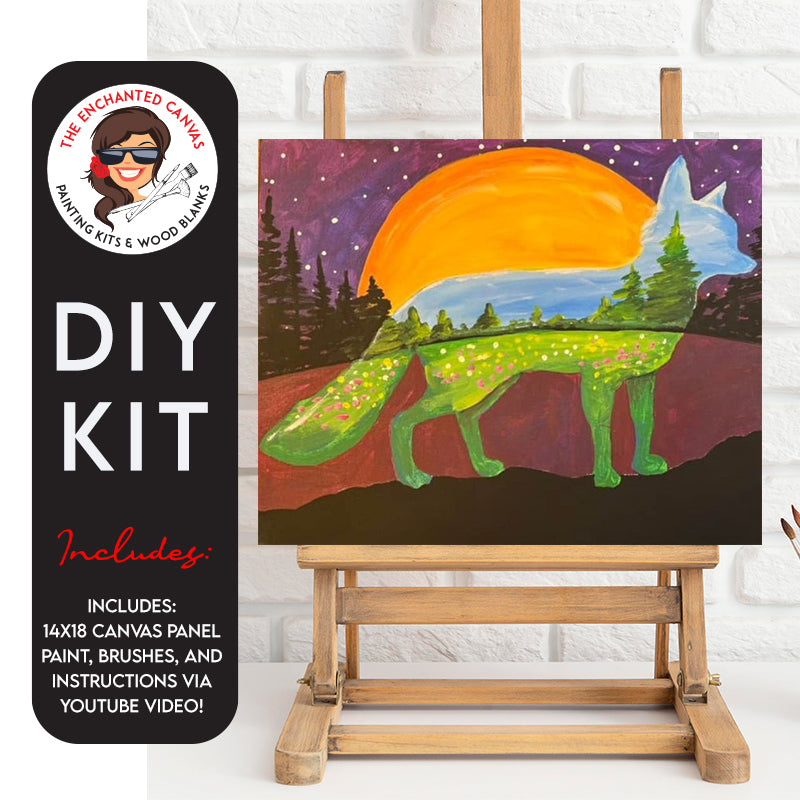 Scenic Wolf DIY Painting Kit. Features a vibrant night sky background with silouhette trees over a purple starry filled sky. A large orange moon is coming up over the hill. A wolf silhouette is the centerpiece of the canvas. It is painted inside the silouhette the day version of the trees and sky landscape.