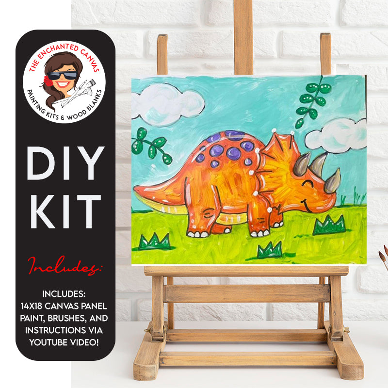 Blue sky with clouds with a green grassy field. The orange and purple polka dotted stegosaurus dinosaur is smiling happy.