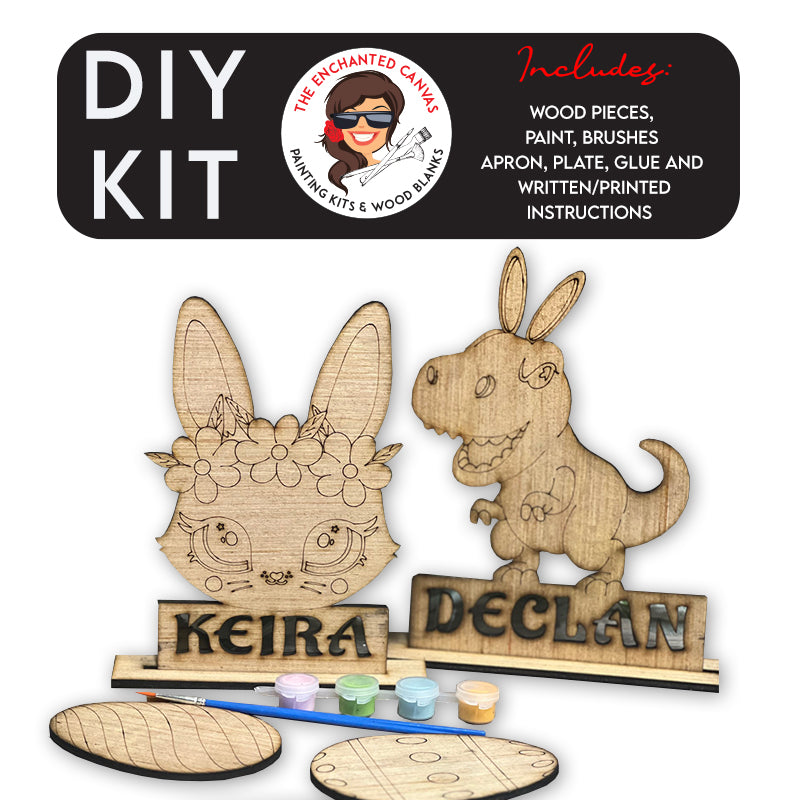 Personalize Easter Painting Kit with two choices. The bunny with flower crown or the t-rex with bunny ears. Comes with 2 coordinating eggs, paint, brushes to complete.
