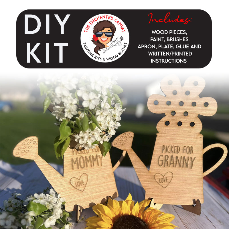 3D Wood Watering can with flowers paint kit. Features a watering can with holes at top in the flower so kids can put picked flowers in.  On the watering can you can have picked for mother and granny or any alternative name you choose. The watering can sits in a stand.