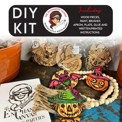 Halloween Wood Characters Coloring Set for kids. Set comes with:
Pumpkin Wearing a Witch Hat
Flying Bat with Moon
Happy Scarecrow