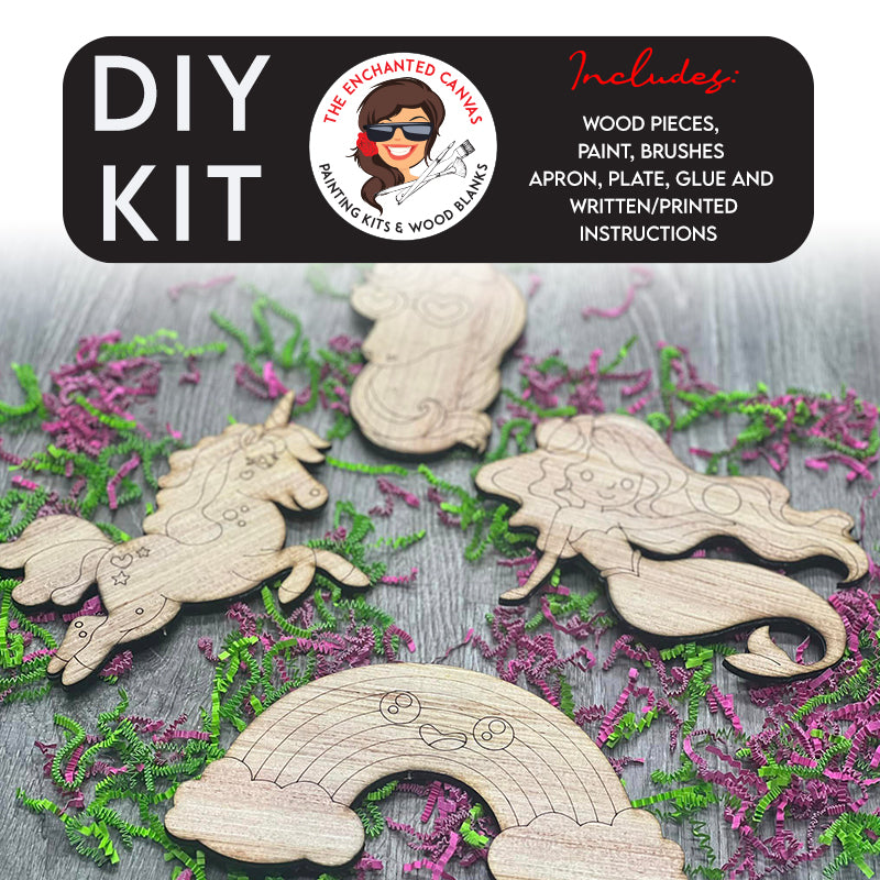 Mystical and fun! This wood painting kit brings the magic to you as your child sits down to paint a whimsical mermaid, unicorns and rainbow. Let their imagination run wild with colors and making a custom creation they can display anywhere.