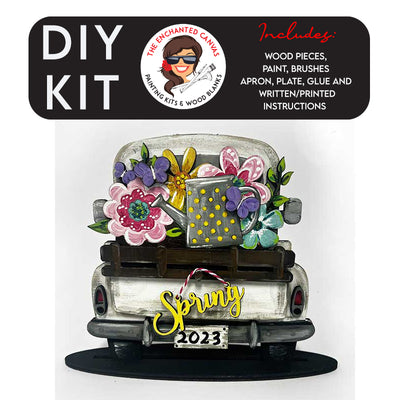 Vintage Truck with Spring Insert Painting Kit. Truck stands on its own and insert goes in back. Insert features spring flowers and a watering can with butterfly. The words Spring hang from the bumper