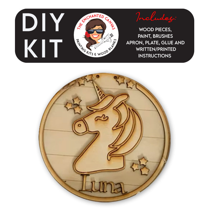 Unicorn Wood Painting Kit with Customizable Name. Shows a round wood background and then a Unicorn shape head with star cutouts around. Comes with brushes and paint to create a custom piece of art.