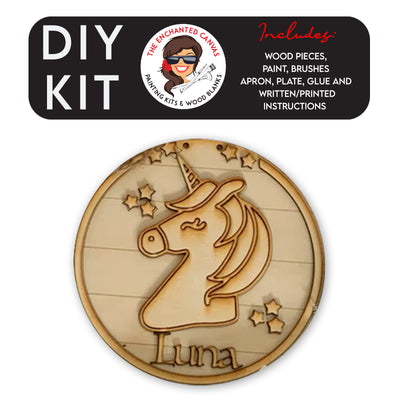 Unicorn Wood Painting Kit with Customizable Name. Shows a round wood background and then a Unicorn shape head with star cutouts around. Comes with brushes and paint to create a custom piece of art.