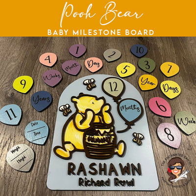 Classic 1926 Pooh Baby Milestone Display Board with balloon milestones in pastel colors. Pooh bear sits on the ground eating honey from his honeypot with bees bussing overhead.